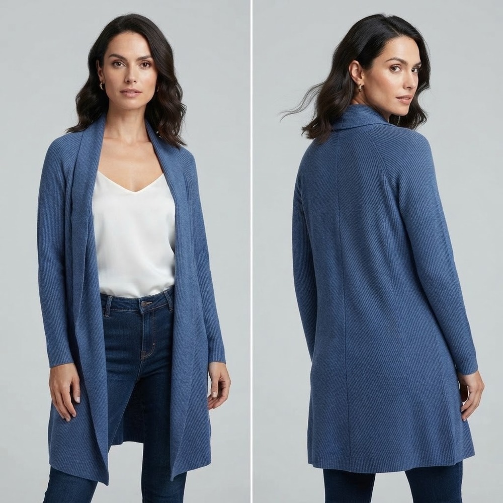 Cyrus Women Blue Ribbed Open Front Cardigan Shawl Collar Sweater C531608 Size M